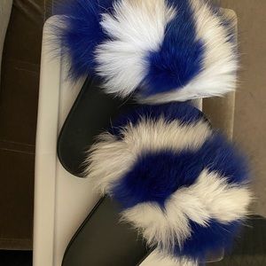 SOLD Royal Blue and White Fox Fur slippers